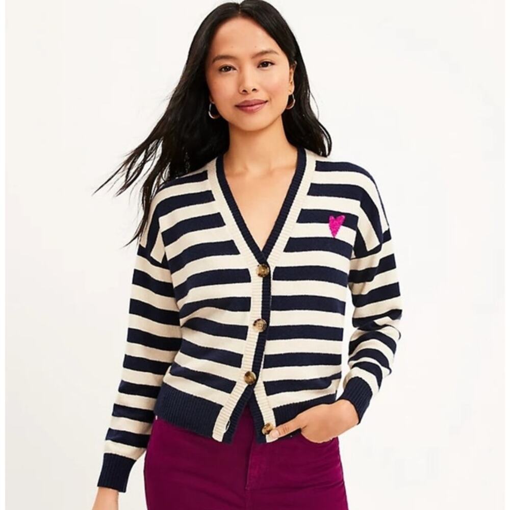 Loft Heart Stripe V-Neck Cardigan Navy Women's XS